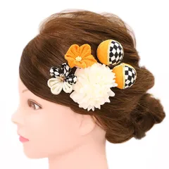 髪飾り 成人式 振袖 浴衣 卒業式 袴 結婚式 5点セット 橙 白 市松 花 和 洋 かんざし 手作り 簪 つまみ細工 ちりめんフォーマル 花飾り 玉飾り ブライダル W 38 303-296 橙 白 p744　Si