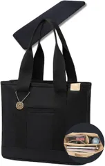 JAPANDIPITY A4 トートバッグ レディース キャンバス 帆布 縦型 大容量 仕切り ファスナー付き マザーズバッグ 通勤バッグ 通学バッグ 底板セット(ブラック)