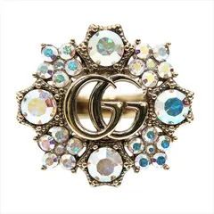 GUCCI グッチ ダブルG クリスタル フラワー リング 指輪 size=S(約13号) アンティークゴールドトーン メタル マルチカラー 753792