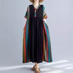 モード系  マルチカラー 配色 ストライプステッチ  Vネック  ハーフスリーブ  ワイドAライン  個性  夏物  半袖ワンピース  シフォンワンピース ロングドレス