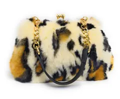 【特価商品】[Fosrion] 本物レッキスラビットファー 2WAYクラッチバッグ｜高級毛皮×アニマル柄｜口金＆チェーン付きパーティーバッグ レディース