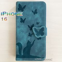 iPhone 16 ケース スマホ 手帳型 カードケース 緑色 緑 グリーン 猫 CAT ねこ 蝶 エンボス加工 アイフォン
