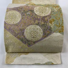 袋帯 秀品 葡萄唐草 花唐草 金銀糸 刺繍 ベージュ 六通 正絹 【中古】