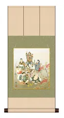 10年保証 八坂緞子色紙掛けセット 七福神 浮田秋水 コンパクト 化粧箱収納 モダン 掛軸 床の間 和室 おしゃれ 壁掛け 絵