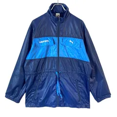 80s90sプーマPumaナイロンジャケット企業系ジャンピングプーマロゴプリントGRUNDIGロゴフロッキープリント青ブルー紺ネイビー白ホワイトvintageヴィンテージ40516