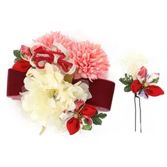 髪飾り ２点セット 赤 白 成人式 花 リボン つまみ細工 ちりめん 和風 着物 浴衣 結婚式 七五三 卒業式 入学式 ヘアアクセサリー 髪留め バレンタイン クリスマス 誕生日 日本製 送料無料 アカ W 78 324-382 u785　Si