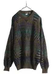 【お得なクーポン配布中!】 90s イタリア製 総柄 デザイン ニット セーター メンズ L / 90年代 オールド コットン アクリル クルーネック 薄手 シースルー 幾何学模様