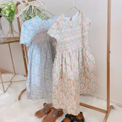 予約♡パステルカラー★花柄スモッキングワンピース★ブルー　2120227