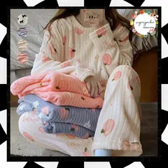 フリースパジャマ 上下セット レディース もこもこ 桃柄 リボン柄 ルームウェア ふわふわ セットアップ 可愛い 部屋着 冷え防止 寝巻き 秋冬 ナイトウェア 暖かい 寝間着 長袖 厚手パジャマ 韓国風 部屋着セット ボアパジャマ 室内着 2XINMI-001