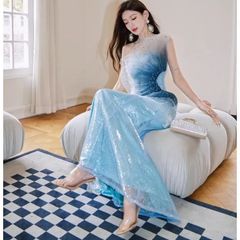 新品 未使用 高定 グラデーションブルー ブルーグリーン 立体チュール スパンコール マーメイド ロングワンピース フォーマルドレス お呼ばれ 披露宴 成人式 パーティードレス 結婚式 二次会 インポート