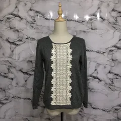 アースミュージックアンドエコロジー　Earth music&ecology 長袖セーター　ニット　【M】　グレー　白　レース　クルーネック　シンプル　オシャレ　上品　キレイ　かわいい　大人　春　秋　冬