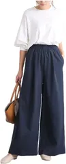 Four leaf ワイドパンツ レディース 春夏 ガウチョパンツ ウエストゴム 大きいサイズ(ネイビー,  M)