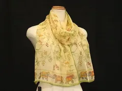 ■美品■ JIM THOMPSON ジムトンプソン シルク100％ エレファント 像柄 スカーフ ストール ショール イエロー系×グリーン系 DI5207