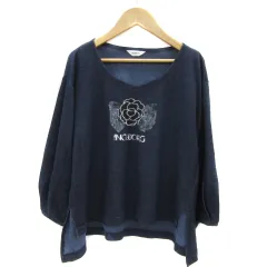 インゲボルグ INGEBORG Tシャツ カットソー 長袖 ラウンドネック 花モチーフ ロゴ スパンコール 3 紺 ネイビー /YS15