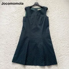 【美品】ホコモモラ Jocomomola 上品ジャガード織りワンピース 40サイズ Aライン ノースリーブ 総柄 ダークグリーン ブラック