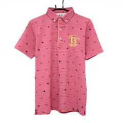 【美品】アディダス 半袖ポロシャツ ピンク×ブルー ボーダー×総柄 ボタンダウン メンズ M/M(M) ゴルフウェア adidas