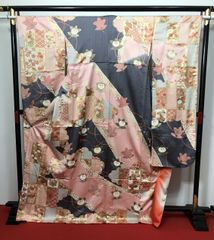 【中古】Lサイズ 振袖 正絹 ピンク地に橘模様