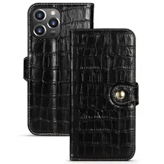 ★即日発送★iPhone 14 Pro Max ケース 手帳型 6.7インチ対応 おしゃれ クロコ型押し カバー カード入れ 写真入れ スタンド機能 ストラップホール付き マグネットスナップボタン式 スマホケース(ブラック)