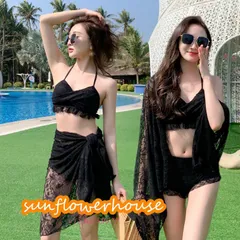 スリーピース レース 長袖ボレロ ビキニ 三点セット水着 モノトーンベースのレースが上品で大人な水着3点セット   vii3u259577