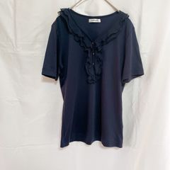 美品 NEWYORKER ニューヨーカー レディース カットソー Tシャツ L ネイビー フリル シフォン Ｖネック 半袖 キレイめ フォーマル お仕事着