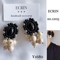 【#1205】ブラック　カボション　ビーズ刺繍　コットンパール　ハンドメイド　アクセサリー　ピアス　イヤリング　大ぶり　結婚式　入学式　ブライダル