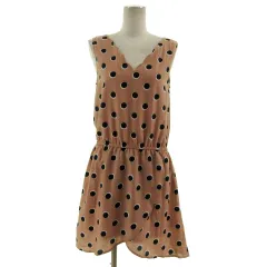 ラボラトリーワーク laboratory work ワンピース ノースリーブ スカラップ Vネック ひざ丈 ドット柄調 ピンクベージュ ネイビー 紺 ホワイト 白 イエロー 黄色 M