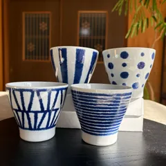 波佐見焼　カップ　4点セット　indigo aidama 小鉢　蕎麦猪口 和食器   蕎　 中鉢 4客　水玉　駒筋　格子　十草　マルチカップ　マルチボウル