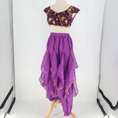 【ベリーダンス用 アラジン衣装】パープル ゴールド レース 紫 フリル トップス ハーレムパンツ アクセサリー セット 華やか レディース かわいい 綺麗 きれいめ エレガント セットアップ 上下 ズボン キラキラ 動きやすい 大人っぽい 女性用 ロングのサムネイル