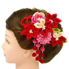 髪飾り 成人式 つまみ細工 赤 振袖 前撮り 袴 花 2点セット 白 ピンク ちりめん 剣つまみ 藤下がり 下がり 組紐 パール かんざ No.12-0117