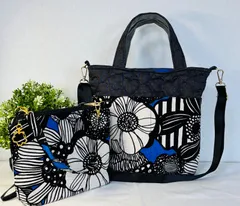 【裁縫ストア・ボヌール】大人かわいい　北欧風　アートフラワー柄ブルー　トートバック　デニムハート柄キルト　ポーチ/サコッシュ　ショルダーバッグ　親子バッグ　ハンドメイド　ハンドバッグ　ショルダーストラップ　ゴージャス / №500-532