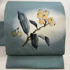 名古屋帯 美品 秀品 落款 枇杷 青灰色 正絹 【中古】