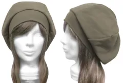 ◇送料無料◇　ハンドメイド◆リブ付ベレー帽◆リブ織コットンニット／カーキ　◇ゆったりサイズ・小顔効果・長いシーズン着用◇