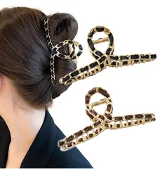 [Herbeluemily] ヘアクリップ ヘアクロー ダッカール バンスクリップ 髪留め ゴールド リボン 2個セット ブラック+ブラウン [ブラック+ブラウン]