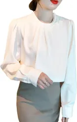 WEARBIE ウェアビー パール付き シフォンブラウス トップス 長袖 オケージョン きれいめ レディース ドレス フォーマル カットソー エレガント オシャレ 春服 トロミ シャツブラウス ロングシャツ(アイボリー,  M)