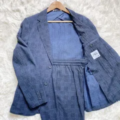 ZARA ザラ セットアップ 洗える シアサッカー ビジネススーツ テーラードジャケット カジュアル スラックス パンツ ネイビー 紺 チェック サイズM 上下セット メンズ