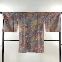 道行 身丈94cm 裄丈68cm L 和装コート 角衿 草花 芝 青紫 正絹 美品 名品 【中古】