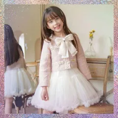 女の子　フォーマル　120cm　130cm ツイード　セットアップ　パステルカラー　ワンピース　リボン　チュールスカート　ピンク　可愛い　かわいい　綺麗め　きれいめ　発表会　入学式　卒園式　七五三　音楽会　大人っぽい　おしゃれ　お洒落　白　ホワイト　膝下ドレス