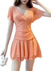 ISLAYCAOLILA キャバドレス ミニドレス フリル ワンピース キャミソール フレア クラブ Vネック ノースリーブ ウエストマーク レディース EE6( オレンジ,  M)