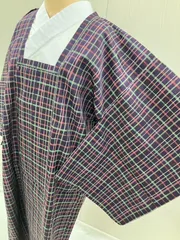 «花ラブリ»AK855PU　リユース　リサイクル　未使用品　雨コート　道行衿タイプ　紫　パープル　格子　チェック　しつけ糸付き　和装着物　和装レインコート　着物コート　和装コート　きものコート