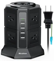 新品 電源タップ タワー式 縦型コンセント 2つのバイポーラスイッチ AC 8個口 USB 4ポート（4.5A/5V）1500ｗ 入力100ｖ-125ｖ 急速充電可能 雷ガード保護 過負荷保護 延長コード2m 職場用 家庭用 ブラック PSE認証 Micshi