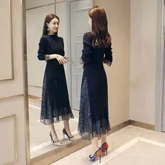 ワンピース フレアワンピース ミモレ ミモレ丈 袖あり 長袖 ボートネック 襟なし フレア セミフレア スリム タイト 細身 Aライン ドッキング レース チュール フリル リボン ウエストマーク ウエストリボン 透け感 シースルー 異素材MIX かわいい 大