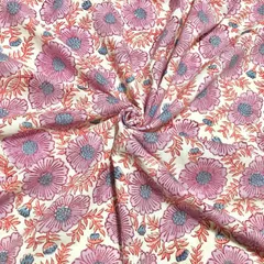 【50cm単位】ホワイトパープルレトロフラワー　インド　ハンドブロックプリント生地　テキスタイル コットン