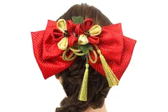 髪飾り リボン 卒業式 袴 成人式 つまみ細工 赤 振袖 前撮り ゴールド ちりめん 紗綾形 組紐 和柄 かんざし 洋装 日本製 レト No.9-5073