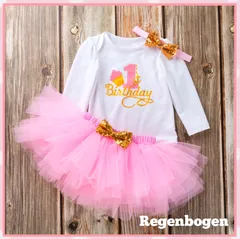 【新品】80㎝ 1歳誕生日 ベビードレス 長袖 ピンク リボン 3点