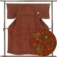 小紋 身丈156cm 裄64cm 前幅24.5cm 後幅28.5cm 袖丈46cm 袖幅32.5cm レディース 袷 花柄 裄Mサイズ 秋冬春用 正絹（シルク）ブラウン 未使用品 リメイク リユース リサイクル【呉服のきくや】