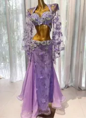 ベリーダンス衣装 トップスブラ スカート 花柄刺繍 パープル オーダーメイド