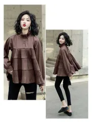 ティアード チュニック 即購入OK 長袖 ブラウス レディース トップス ティアード ロング丈 ハイネック プリーツ ギャザー ボリューム袖 羽織り シャツ トップス フレア 着痩せ 細見え 無地