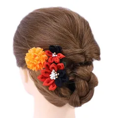 髪飾り 成人式 つまみ細工 振袖 前撮り 袴 浴衣 夏祭り 花火大会 豪華3点セット オレンジ 橙色 黒 ちりめん ヘアアクセ 新作 No.9-3643
