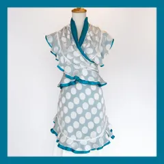 白ドット×ターコイズブルーフリルピキージョ＆エプロンセット(cr-140)／／フラメンコ・ダンス・ベリーダンス・舞台衣装小物・エプロン・ピキージョ・シージョ・ヒップスカーフ