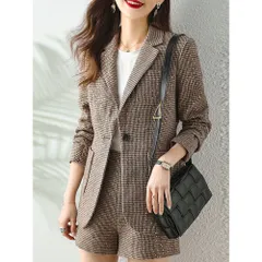 ☆ ブラウン ☆ M ☆ スーツ セットアップ レディース ジャケット ショートパンツ セットアップ パンツスーツ 上下セット キュロットスーツ レディース ショート丈 カジュアル グレンチェック 千鳥格子 セレモニースーツ ビジネススーツ ビジネスカジュアル